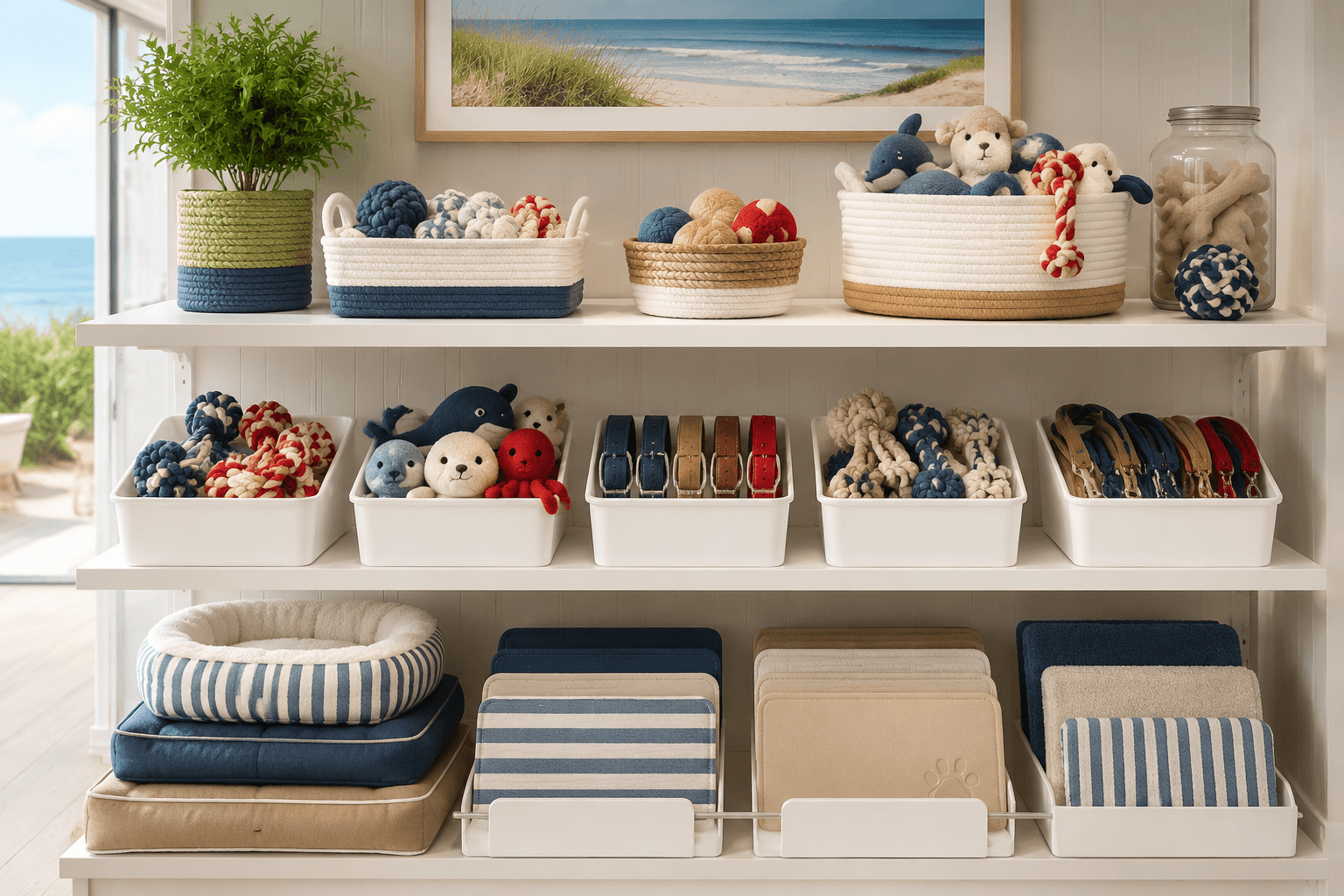 Orderly shelf of value pet accessories in clean bins