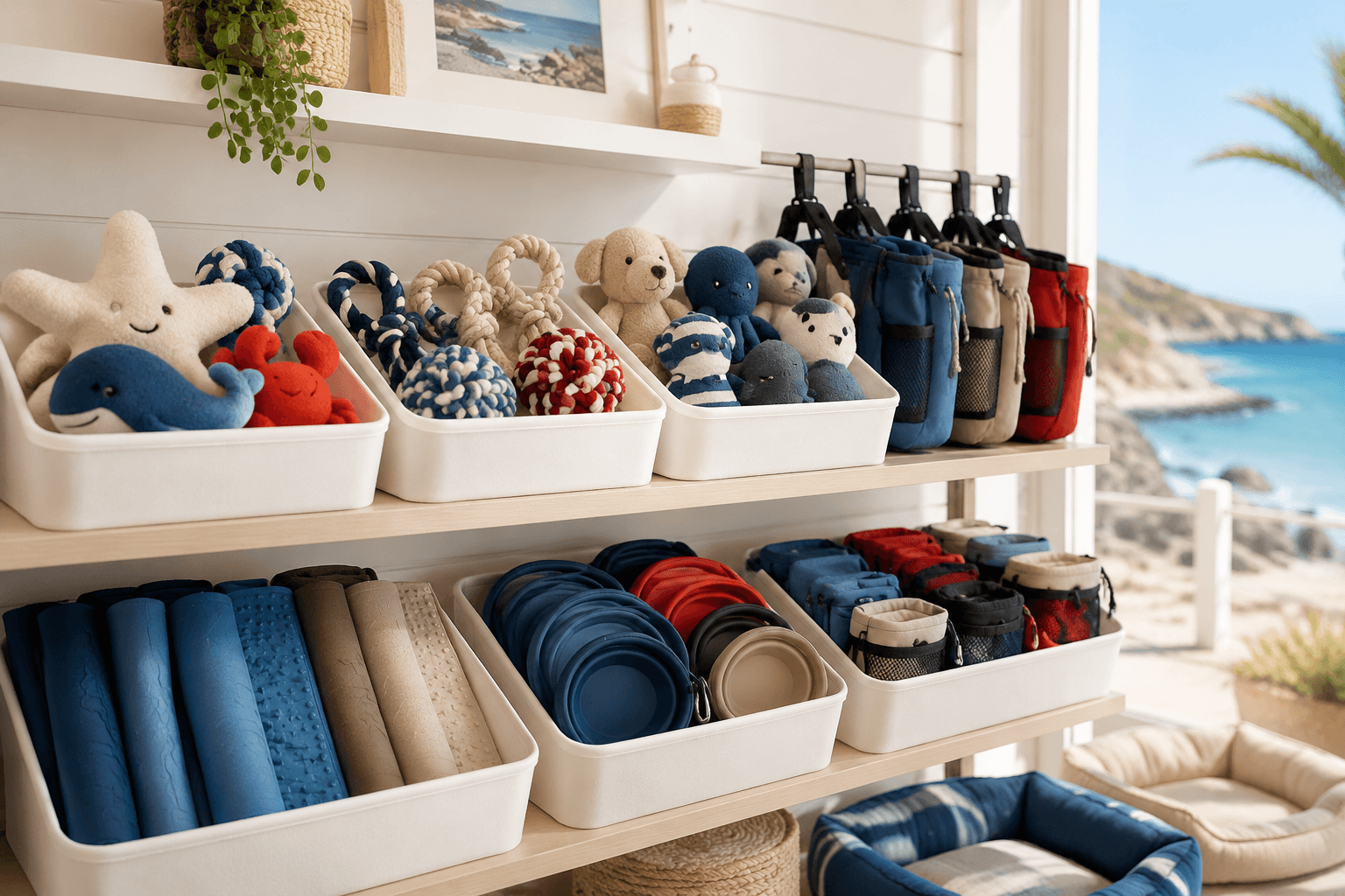 Coastal pet accessory value shelf with feeding mats, toy bins and walking pouches