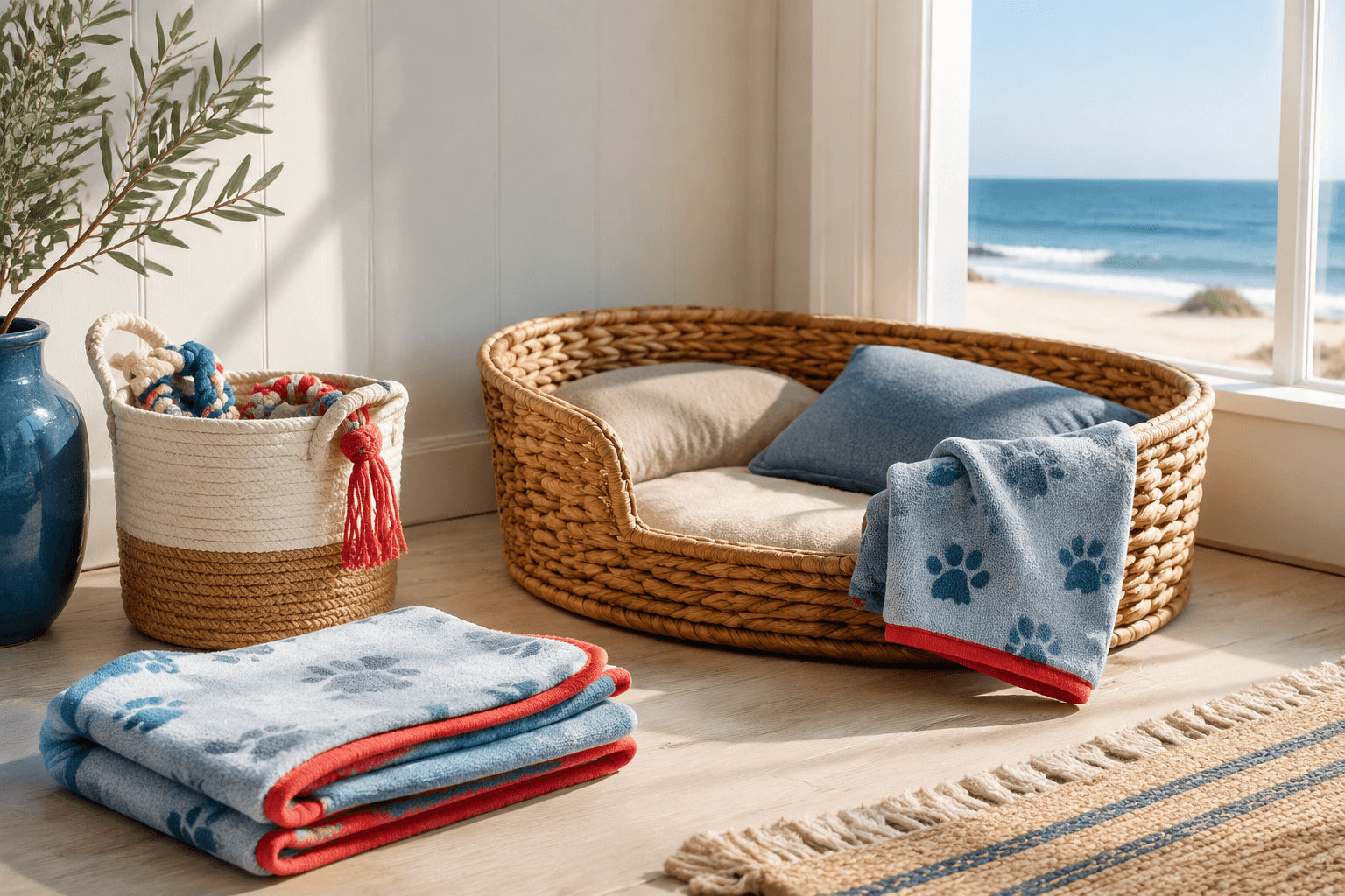 Tidy coastal home corner with a woven pet bed and folded towels